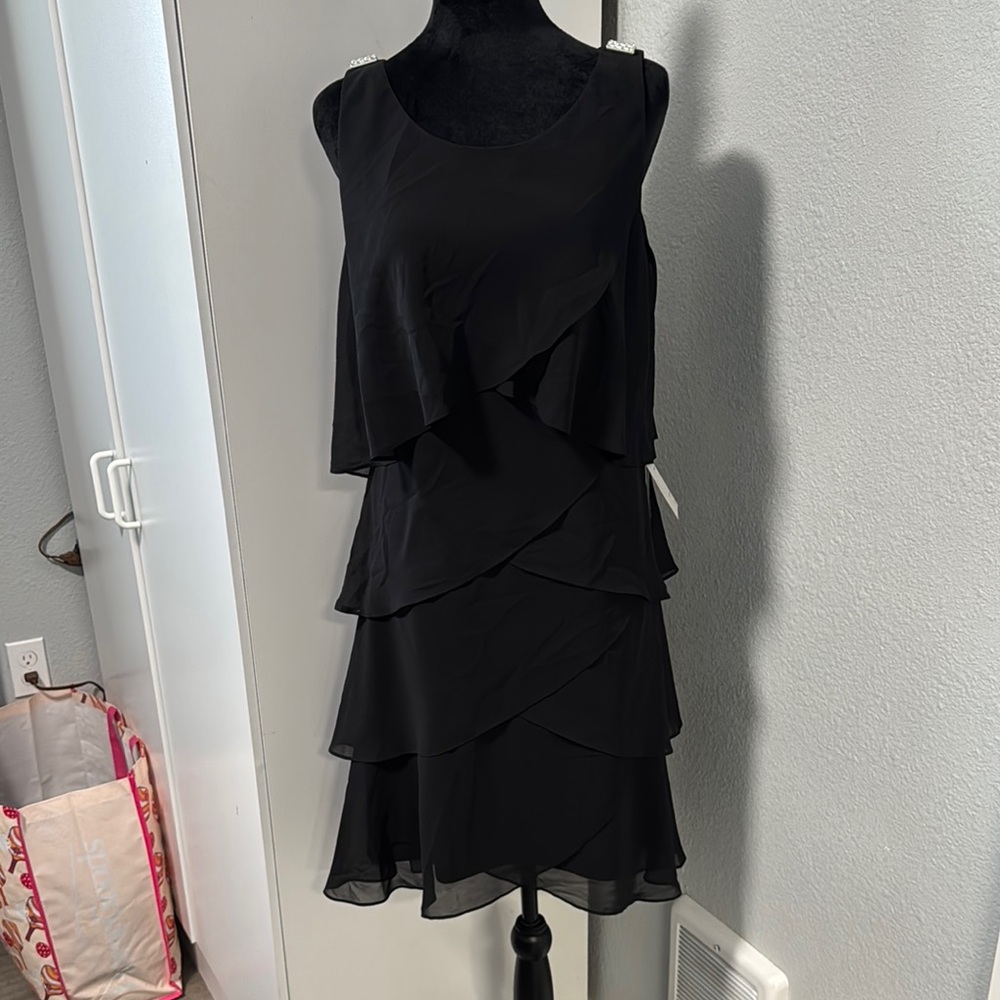 SLNY Elegant Black Tiered Mini Dress